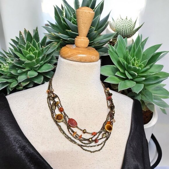 Coldwater Creek Carnelian Agate Tiger’s Eye Multi Strand Necklace Boho Bronze - Picture 2 of 9
